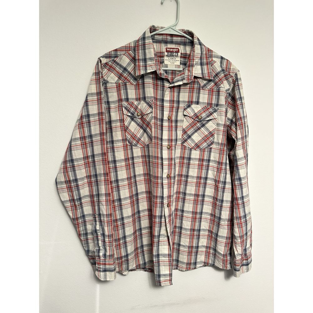 Wrangler Jeans Co Shirt Men's L Blue Red Plaid Long Sleeve Western Cowboy Rodeo